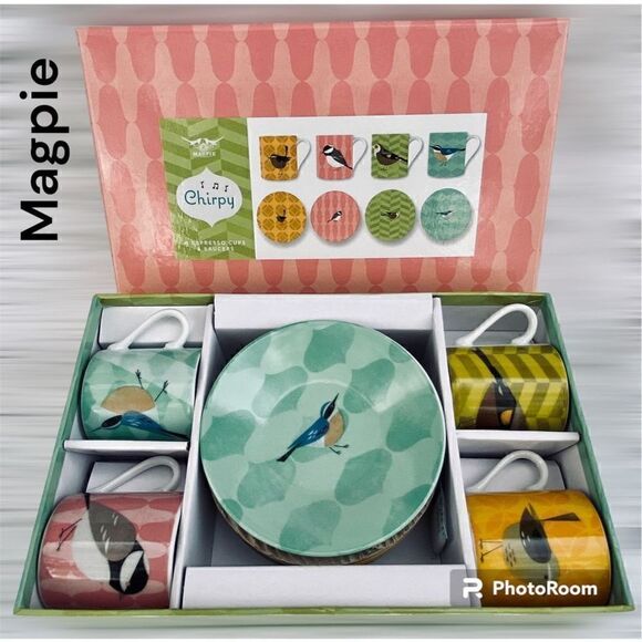 Magpie Other - NEW Magpie Chirpy Whimsical Birds Set Of 4 Espresso Cups & Saucers
